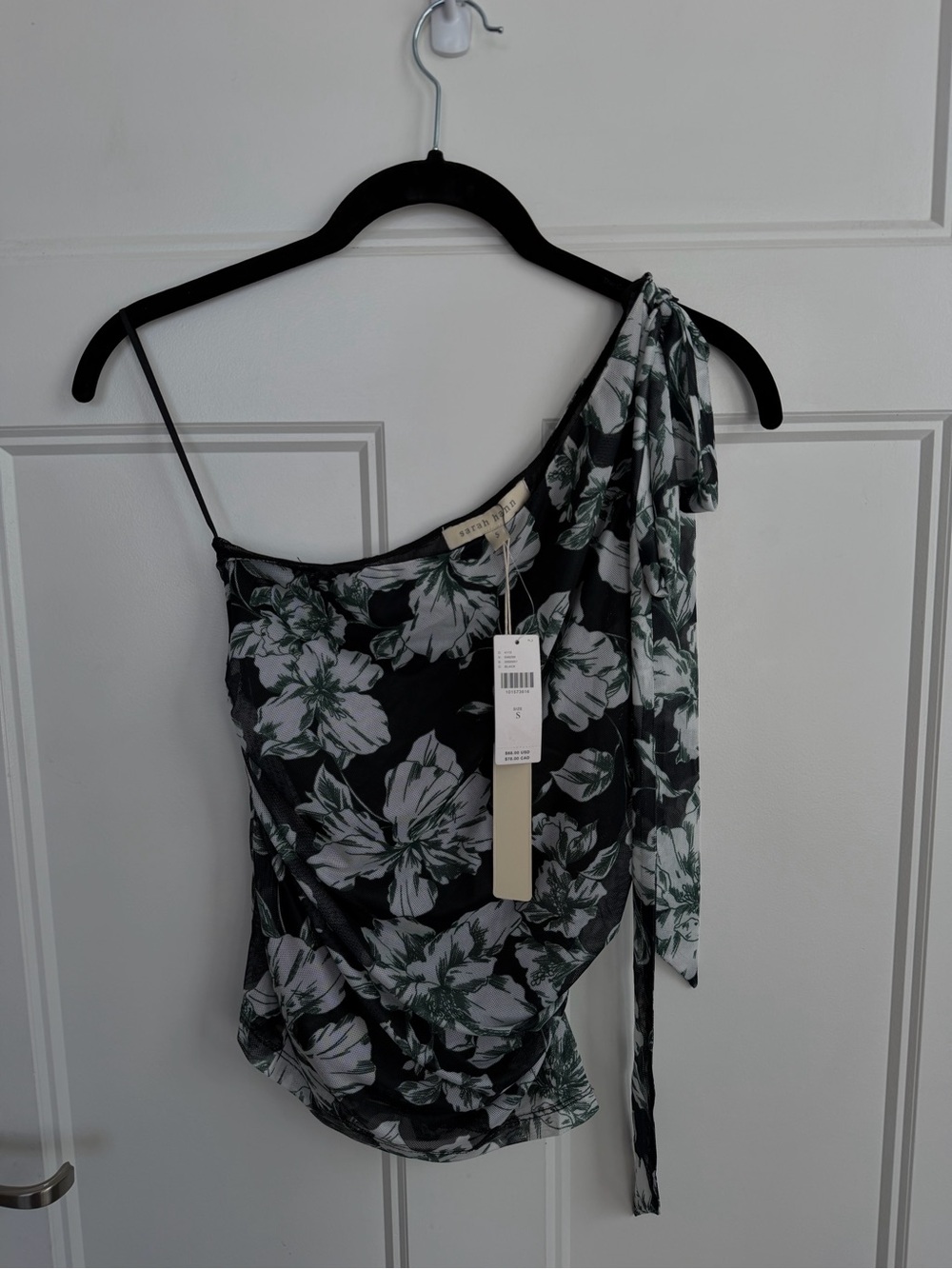 Anthropologie Black White Green One-Shoulder Floral Tie-Detail NWT